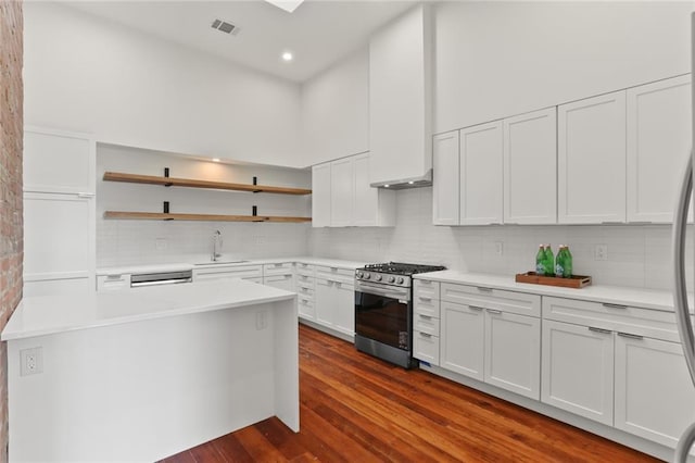 kitchen with white cabinets, backsplash, appliances with stainless steel finishes, and dark hardwood / wood-style flooring