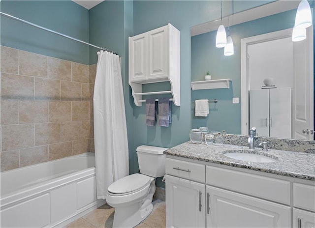 full bathroom featuring vanity, shower / tub combo, toilet, and tile patterned floors