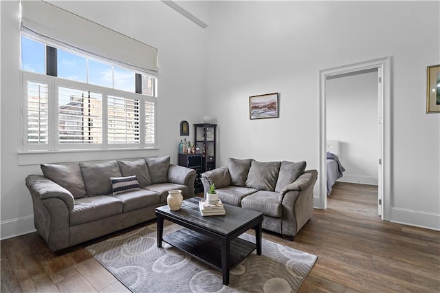 living room with dark wood-type flooring and a high ceiling