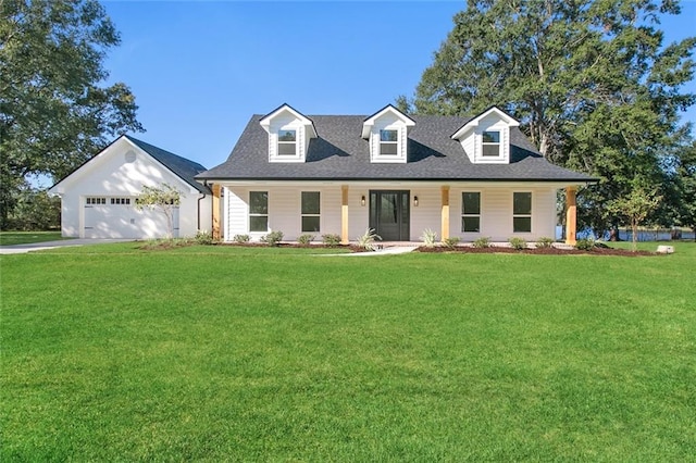 cape cod-style house featuring a garage, a front yard, and covered porch