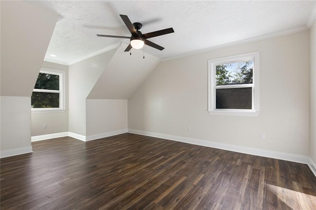 additional living space with ceiling fan, a textured ceiling, lofted ceiling, and dark hardwood / wood-style flooring