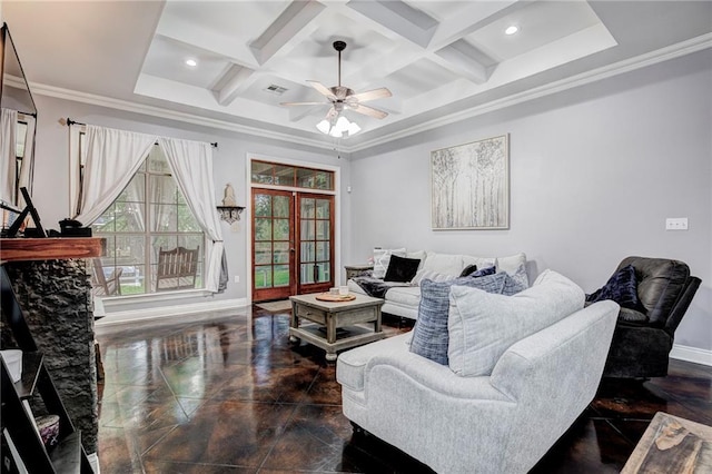 living room featuring coffered ceiling, beamed ceiling, crown molding, ceiling fan, and french doors