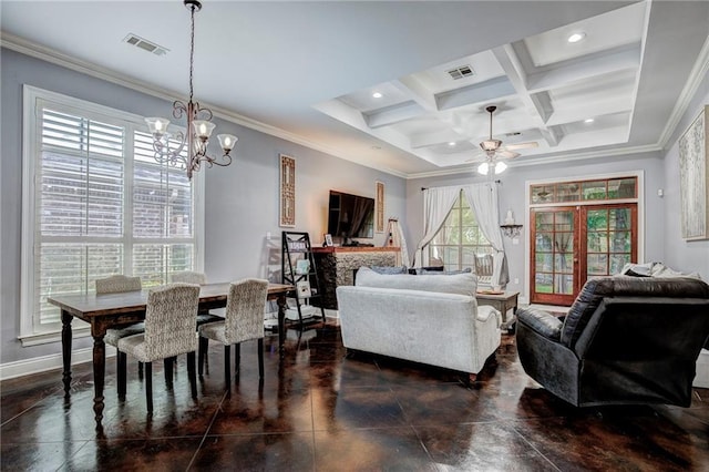 living room with coffered ceiling, beamed ceiling, ceiling fan with notable chandelier, and ornamental molding