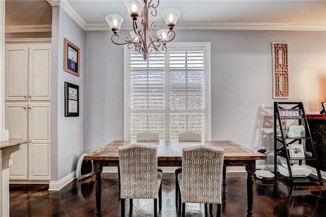 dining space with crown molding and an inviting chandelier