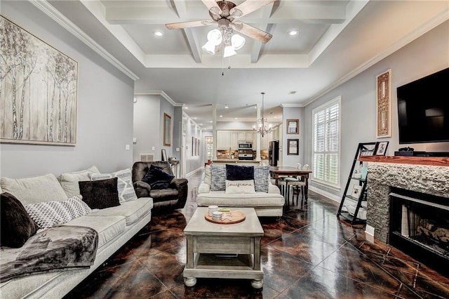 living room featuring ornamental molding, beamed ceiling, and a tile fireplace