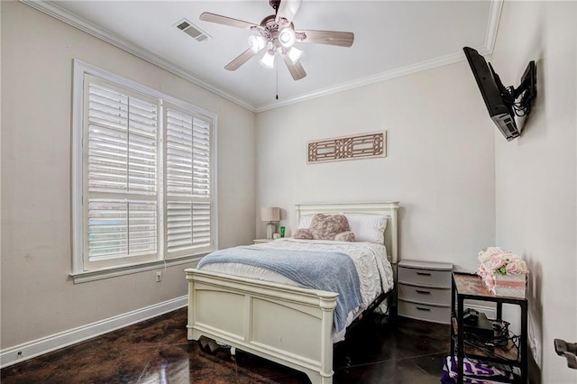 bedroom featuring ceiling fan and crown molding