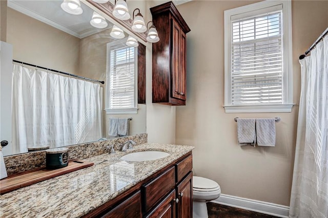 bathroom featuring ornamental molding, vanity, toilet, and a wealth of natural light