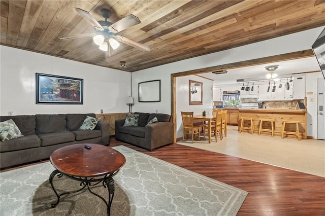 living room with ceiling fan, light hardwood / wood-style floors, and wooden ceiling