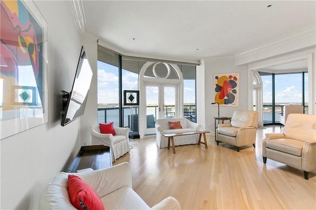 living room featuring light hardwood / wood-style floors, ornamental molding, french doors, and a wealth of natural light