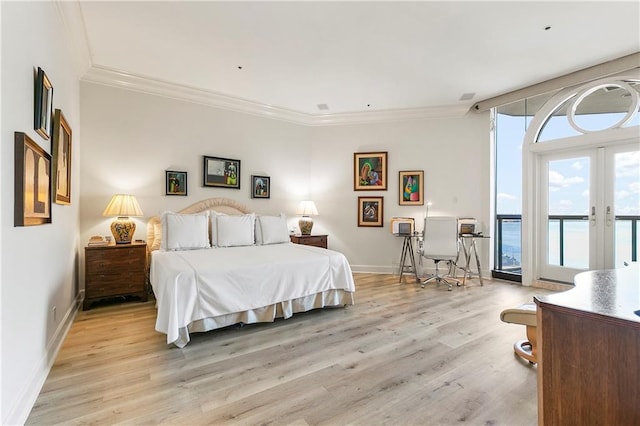 bedroom with access to outside, ornamental molding, light wood-type flooring, and french doors