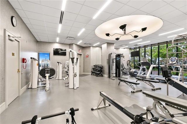 workout area featuring floor to ceiling windows and a paneled ceiling