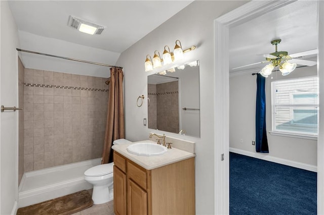 bathroom with ceiling fan, tile patterned flooring, vanity, curtained shower, and toilet