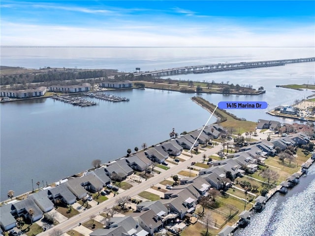 drone / aerial view featuring a water view