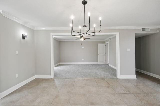 unfurnished dining area with light colored carpet, ceiling fan with notable chandelier, and crown molding