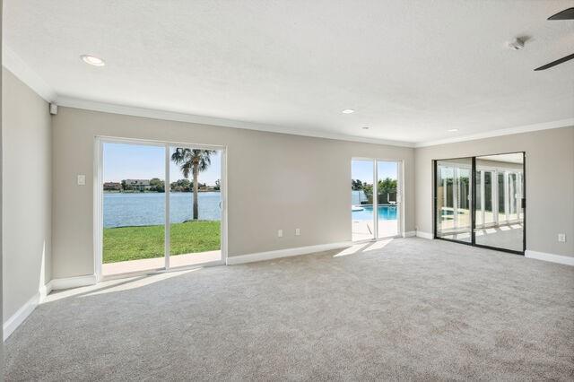 spare room with carpet floors, a water view, and a healthy amount of sunlight