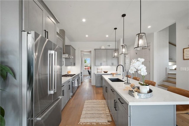 kitchen with light hardwood / wood-style floors, sink, premium appliances, decorative light fixtures, and a spacious island