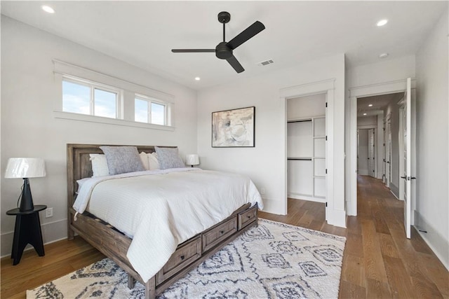 bedroom featuring a closet, wood-type flooring, ceiling fan, and a walk in closet