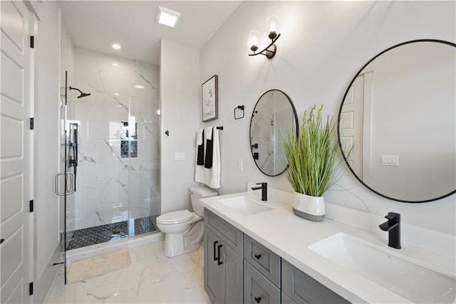 bathroom featuring walk in shower, vanity, and toilet