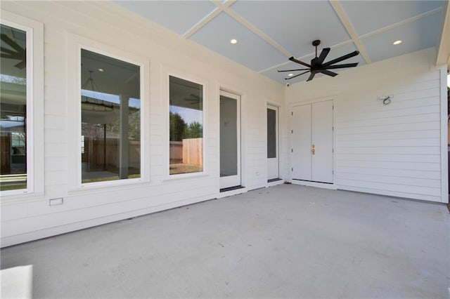 view of patio featuring ceiling fan