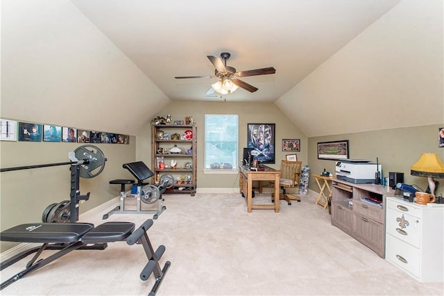 workout room with light carpet, lofted ceiling, and ceiling fan