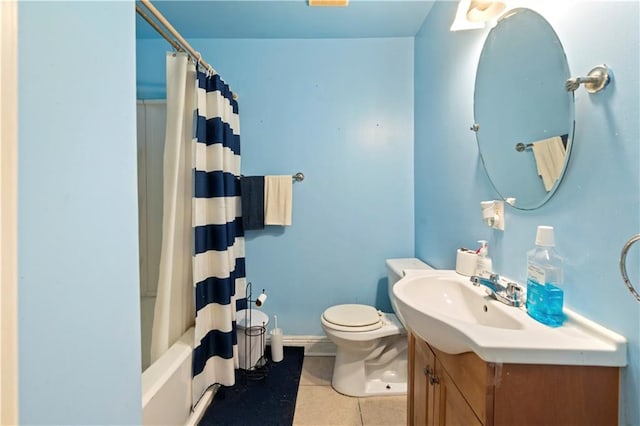 full bathroom featuring shower / tub combo with curtain, tile patterned floors, vanity, and toilet