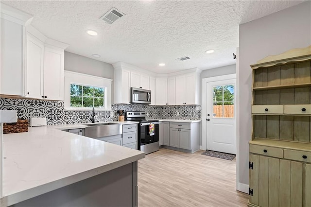 kitchen featuring light hardwood / wood-style floors, white cabinetry, a healthy amount of sunlight, and appliances with stainless steel finishes