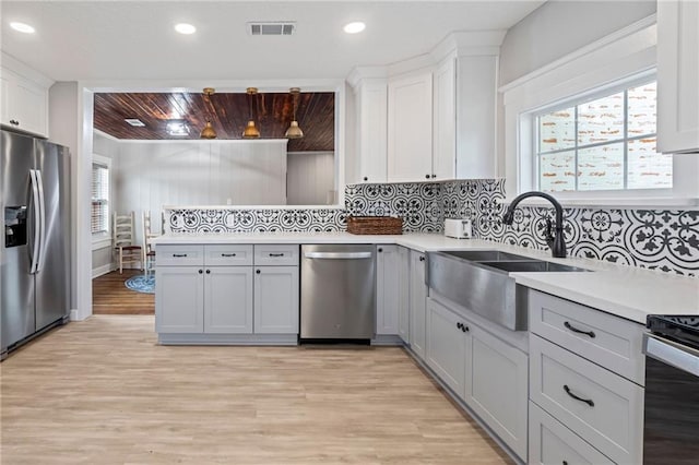 kitchen featuring backsplash, white cabinets, sink, light wood-type flooring, and stainless steel appliances