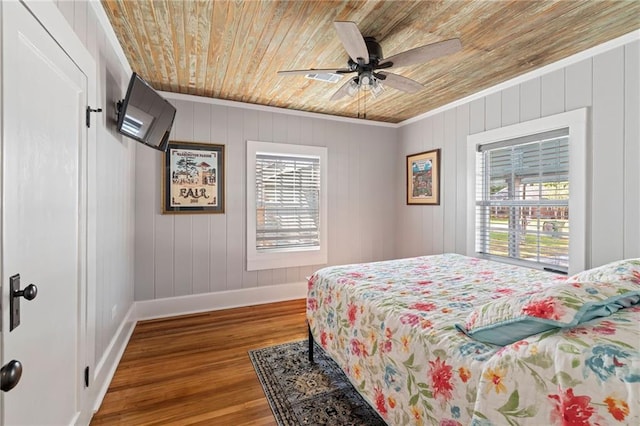 bedroom with wood-type flooring, wood ceiling, multiple windows, and ceiling fan