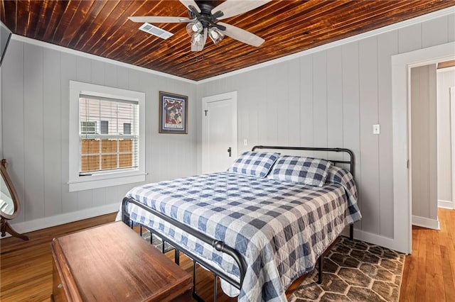 bedroom with hardwood / wood-style floors, ceiling fan, wooden ceiling, and wooden walls