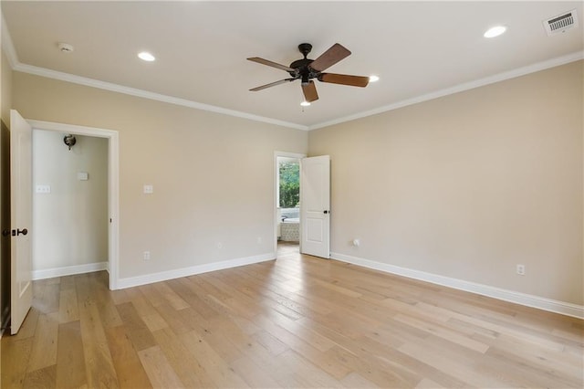 unfurnished room with crown molding, light hardwood / wood-style flooring, and ceiling fan