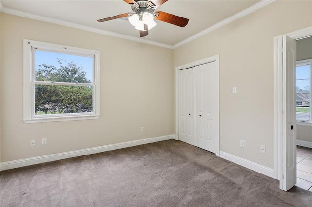 unfurnished bedroom with crown molding, ceiling fan, multiple windows, and carpet flooring