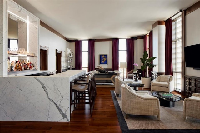 living room featuring bar, plenty of natural light, dark hardwood / wood-style floors, and crown molding