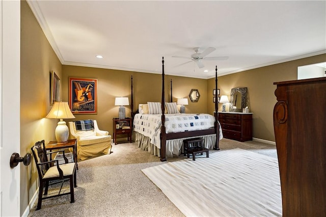 bedroom with ceiling fan, carpet floors, and crown molding