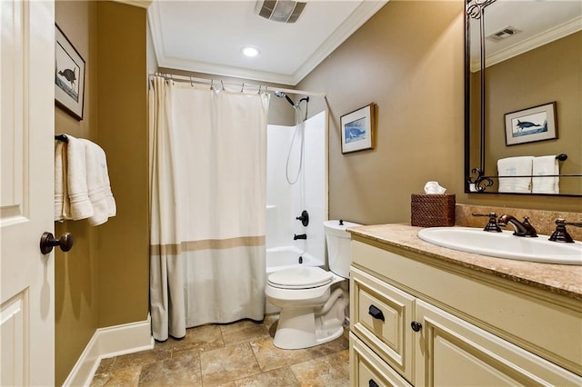 full bathroom with shower / bath combo with shower curtain, ornamental molding, vanity, and toilet