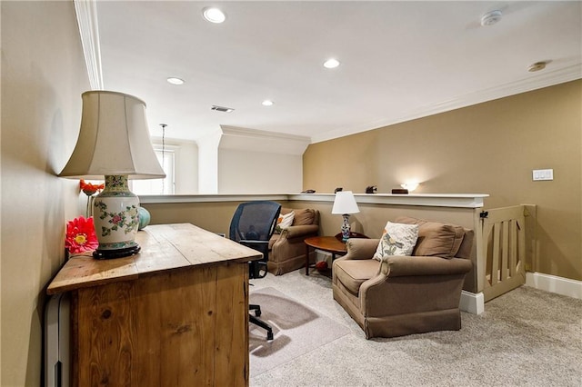 office area with light carpet and ornamental molding