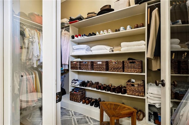 walk in closet with carpet