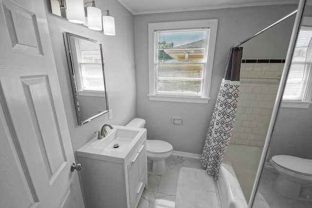 full bathroom with vanity, toilet, and shower / bath combo