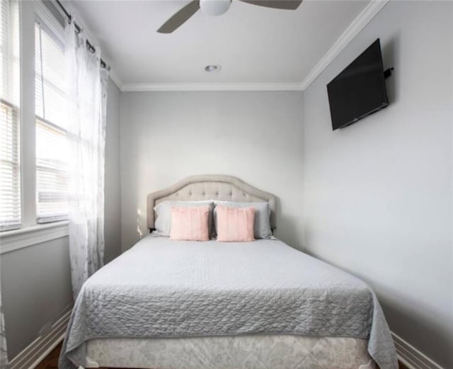 bedroom with ceiling fan, multiple windows, and crown molding