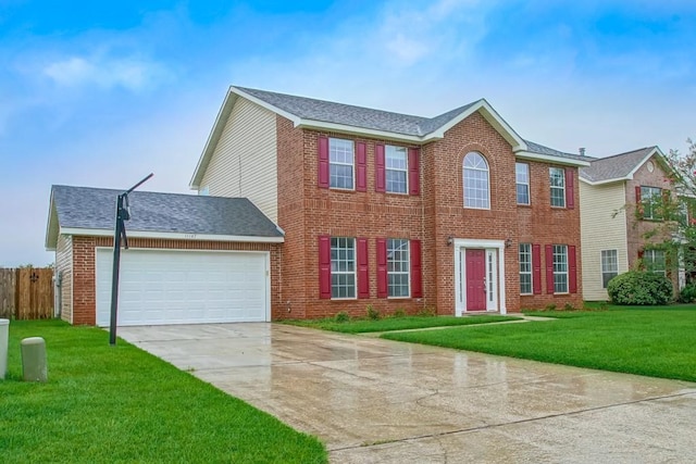 colonial inspired home with a front lawn and a garage