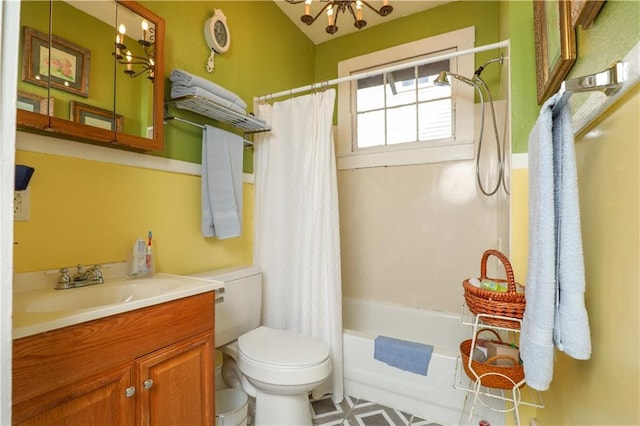 full bathroom with shower / bath combo, vanity, toilet, and a chandelier