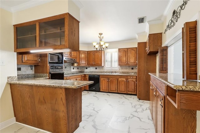 kitchen with backsplash, kitchen peninsula, stone countertops, black appliances, and ornamental molding