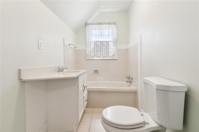 full bathroom with vanity, toilet, shower / bathtub combination, tile patterned floors, and vaulted ceiling