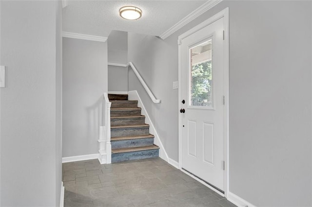 3730 Huntlee Dr, New Orleans, LA 70131 - foyer featuring crown molding, stairway, a textured ceiling, and baseboards