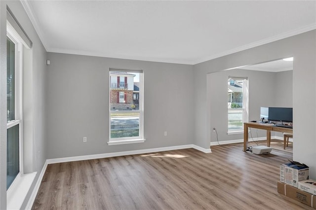 office featuring light wood-type flooring and crown molding