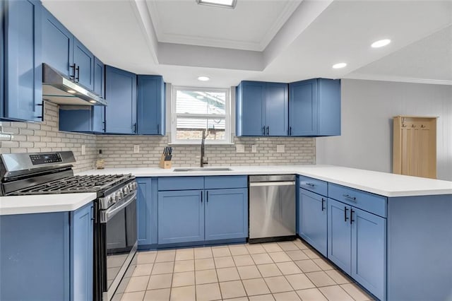 kitchen featuring kitchen peninsula, ornamental molding, sink, and stainless steel appliances