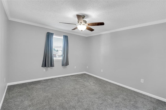 unfurnished room featuring dark carpet, a textured ceiling, and crown molding