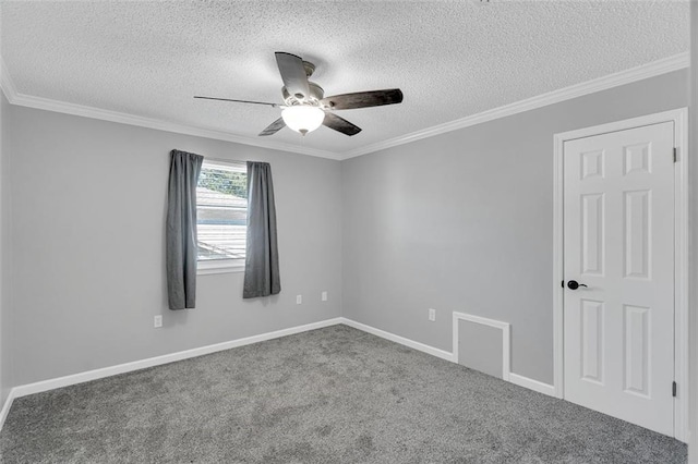 3730 Huntlee Dr, New Orleans, LA 70131 - empty room featuring a textured ceiling, ceiling fan, carpet, ornamental molding, and baseboards
