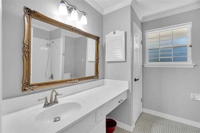 bathroom featuring vanity, tile patterned flooring, a shower, crown molding, and toilet