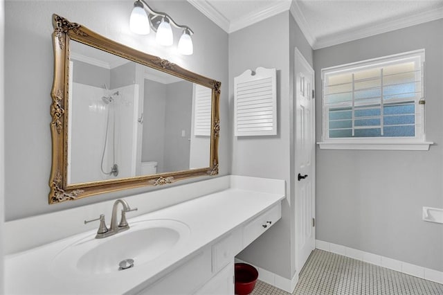 3730 Huntlee Dr, New Orleans, LA 70131 - bathroom with toilet, vanity, a shower, crown molding, and baseboards