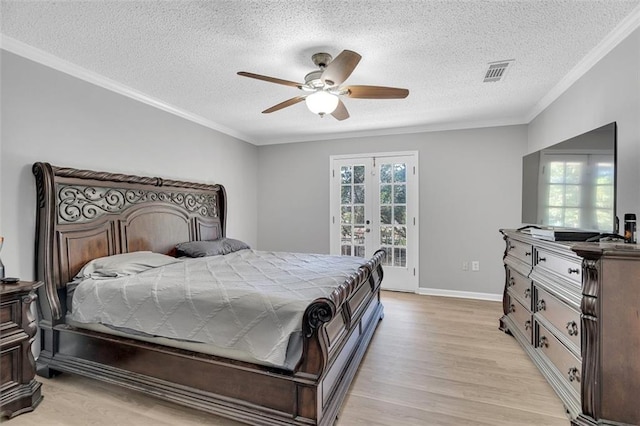 3730 Huntlee Dr, New Orleans, LA 70131 - bedroom with access to exterior, ornamental molding, a textured ceiling, light wood-type flooring, and ceiling fan